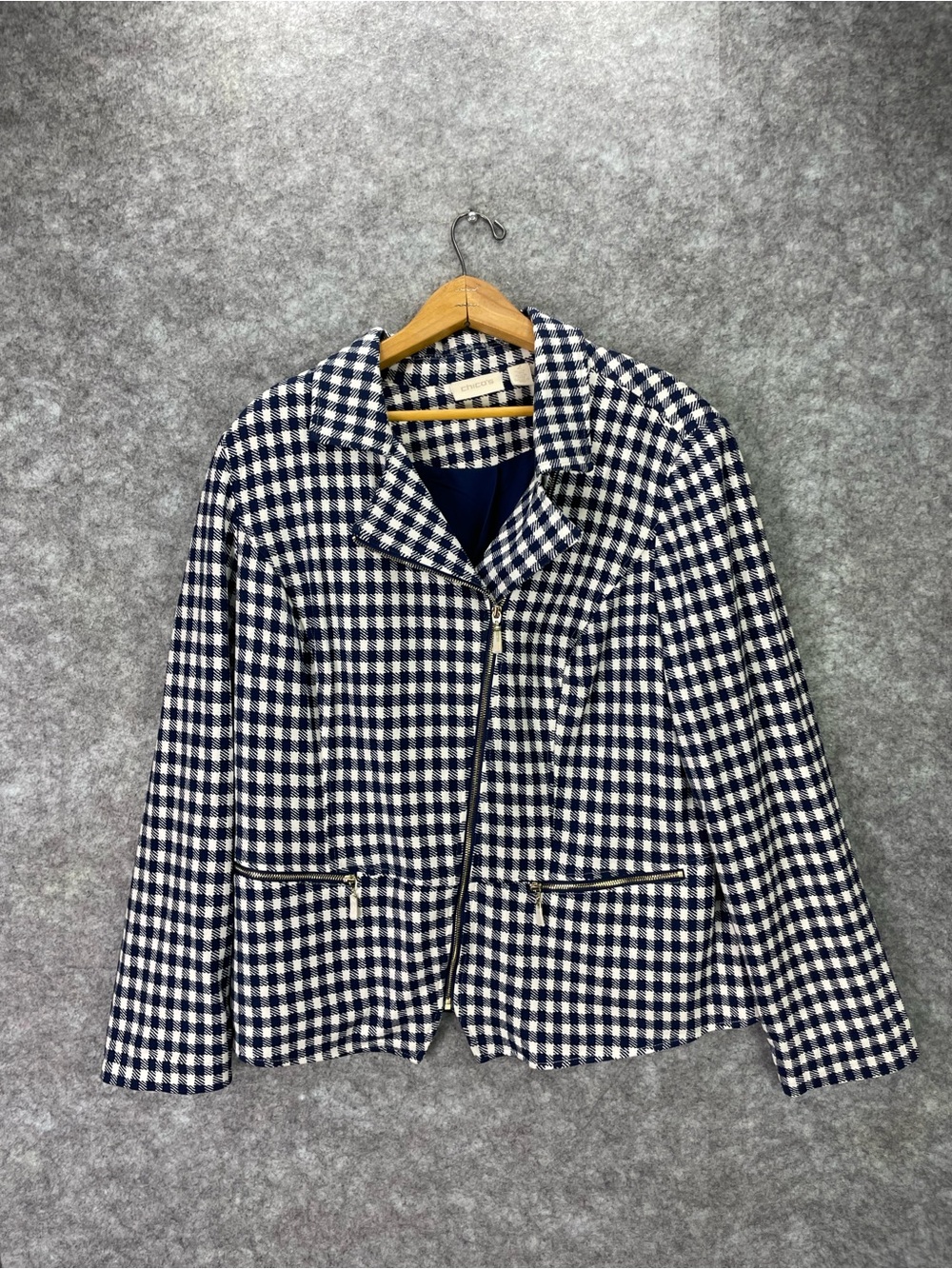 Chicos Jacket Womens 2 Large Navy Blue Check Zip Front Pockets Lined Blazer.